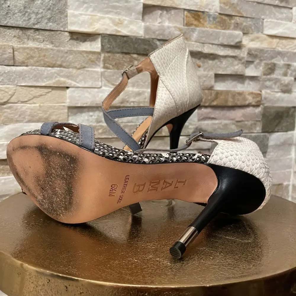 L.A.M.B. 6.5 Mixed Snakeskin Leather Strappy Stiletto Heels | Cream, Black, Blue